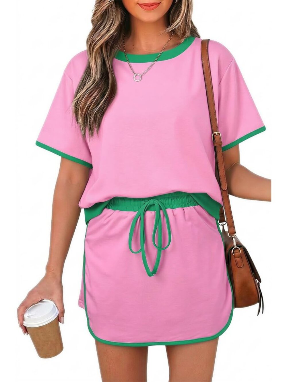 〽️Women's Shorts Set Pink Green Short Sleeve Top Comfort Skort Matching Outfit